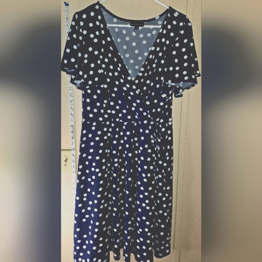 Fortune Ivy Blue with white polka dots business casual dress in size 1X